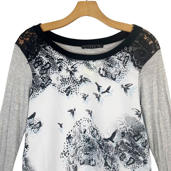 Potters Pot Bird Print and Black Lace Top Sz M Long Sleeves Loose Slouchy Boho - Picture 2 of 7